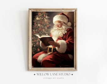 Papai Noel vintage lendo arte natalina: impressão em estilo fazenda (download digital)