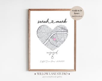Personalized Engagement Map Print Custom Couples Gift Wedding Anniversary & Engagement Gift She Said Yes Marriage Print Engagement Gifts