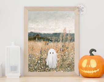 Vintage Halloween Ghost Art Print: Spooky Field Painting (Printable)