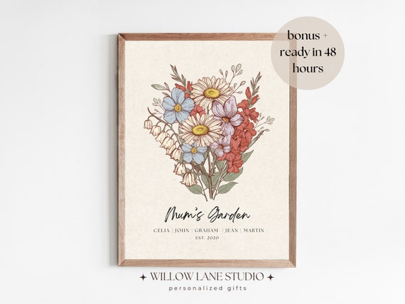 Mom's Garden Birth Flower Print, Mother's Day Custom Gift, Mother's Day Birth Flower Present, Custom Birth Flower Bouquet Wall Art for Mum