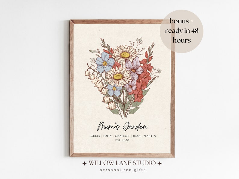 Custom birth flower bouquet print in a rustic wood frame against a white wall, hand-drawn botanical illustration of daisies, bluebells, lily of the valley and gladiolus, personalised with family names and established year, mothers day digital download wall art