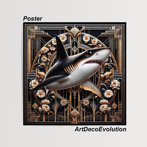 Weißer Hai Poster | Art Deco Evolution | Moderne Kunst | Wand Deko Wohnzimmer | Poster Hai Fisch | Besondere Geschenke Kinder (OHNE RAHMEN)