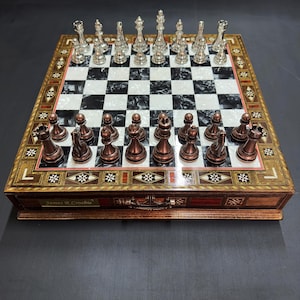 Handmade Chess Set - Customizable Wooden Chess Board with Storage and Metal Chess Pieces - Decorative Chess Board Games - Personalized Gift
