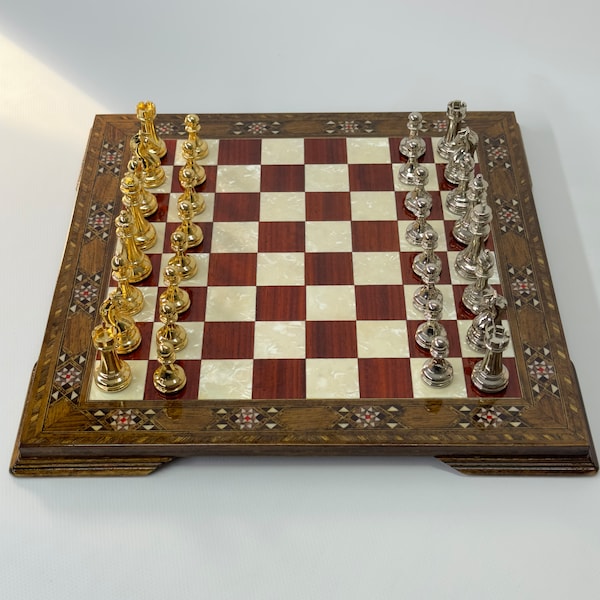 Handmade Wooden Chess Set, Luxury Decorative, Metal Theme Chess Pieces, Mother of Pearl Board, Chess Sets Wooden