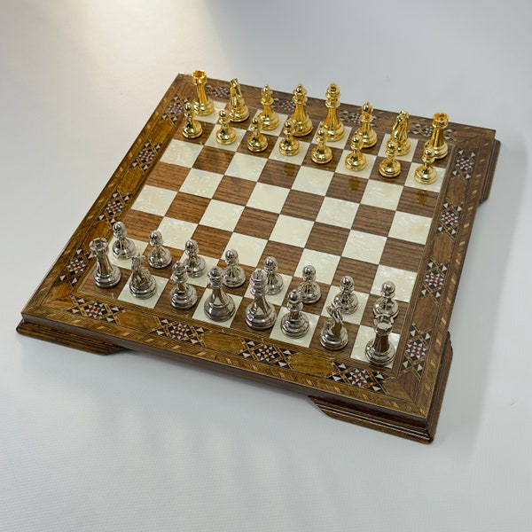 Handmade Wooden Chess Set, Luxury Decorative, Metal Theme Chess Pieces, Mother of Pearl Board, Chess Sets Wooden