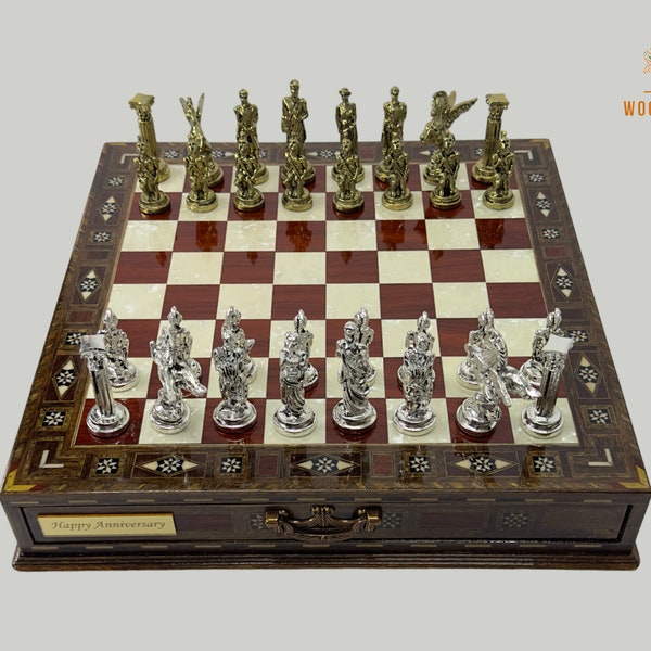 Wooden Handmade Chess Set, Personalized Wooden Chess Board with Storage Metal Theme Chess Pieces, Decorative Chess Set