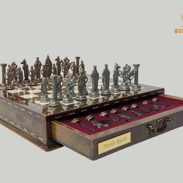 Wooden Handmade Chess Set, Personalized Wooden Chess Board with Storage Metal Theme Chess Pieces, Decorative Chess Set