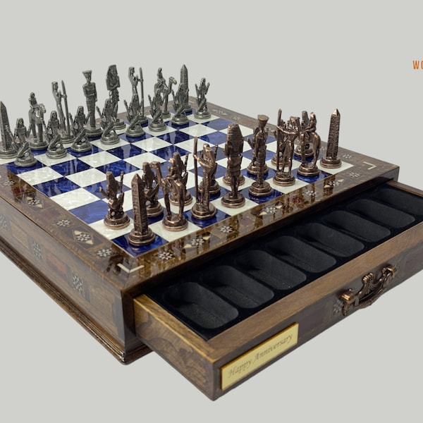 Wooden Handmade Chess Set, Personalized Wooden Chess Board with Storage Metal Theme Chess Pieces, Decorative Chess Set