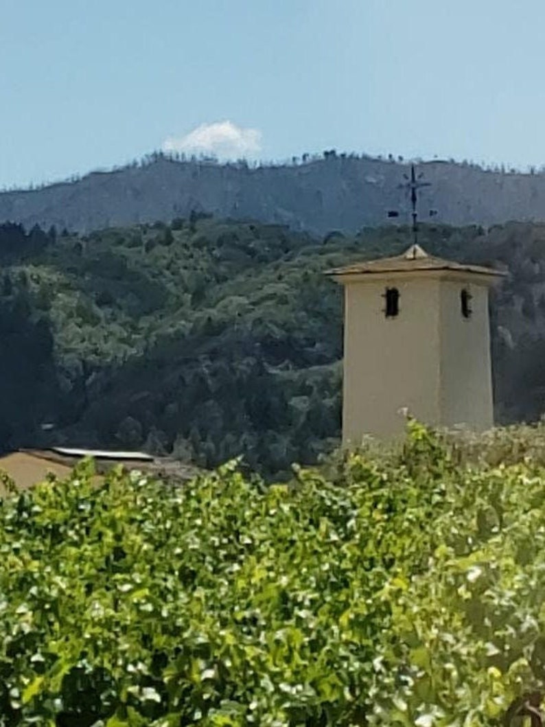 May include: A light-colored, square tower with a cross on top stands in front of a lush green hillside. The tower has two small windows and is surrounded by green foliage. A mountain range is visible in the background under a blue sky.
