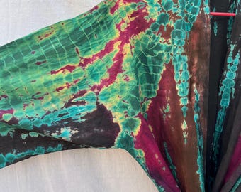 Hand Dyed Cotton Kimono Robe | One-of-a-Kind Boho Loungewear in Emerald, Magenta, Teal & brown | Unique Tie-Dye Pattern| lightweight|