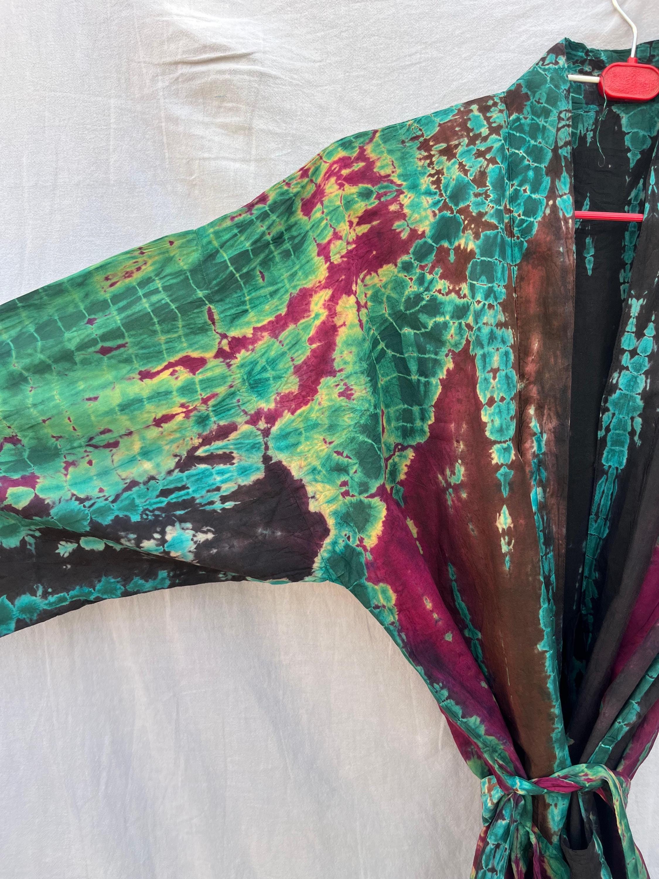 Hand Dyed Cotton Kimono Robe | One-of-a-Kind Boho Loungewear in Emerald, Magenta, Teal & brown | Unique Tie-Dye Pattern| lightweight|