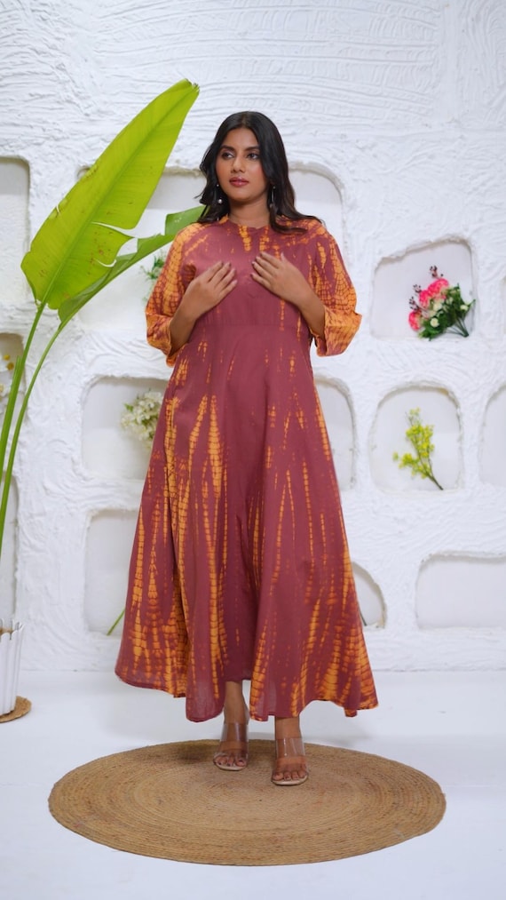 maroon and orange dress Maroon-orange Cotton Tie-dye Maxi Dress, Custom Made, Made to Order, Plus  Size