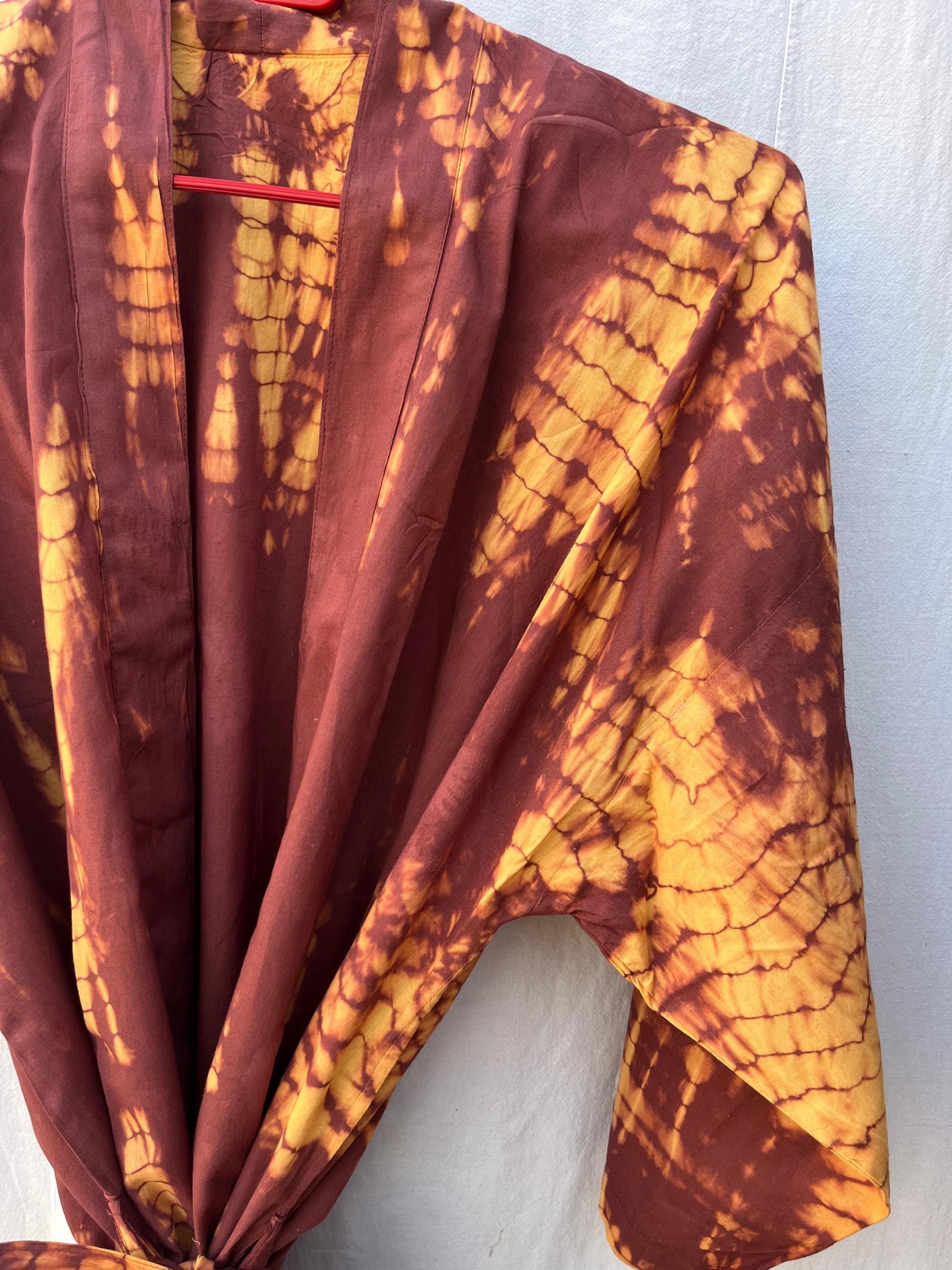 Handmade TieDye Cotton Bathrobe –Deep Reddish-Brown (Base color) |Golden Yellow (Tie-dye patterns) Kimono| Boho Style Loungewear|Lightweigh|