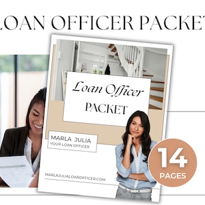 May include: A professional packet titled "Loan Officer Packet" with a woman's photo and the text "Marla Julia, Your Loan Officer." The packet has 14 pages and includes a website address. A woman is smiling in the background.