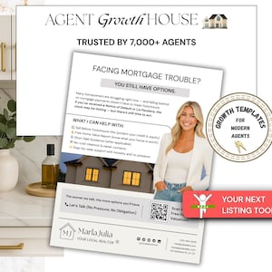 Puede incluir: Imagen promocional de Agent Growth House, con una mujer y documentos. Los documentos abordan problemas hipotecarios y ofrecen soluciones. La imagen incluye el texto "YOUR NEXT LISTING TOOL!" y "TRUSTED BY 7,000+ AGENTS."