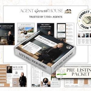 May include: A pre-listing kit with the text "Let's Sell Your Home!" and "Pre-Listing Kit" is displayed. The kit includes various documents and a box featuring a real estate agent. The image also includes the text "Agent Growth House" and "Trusted by 7,700+ Agents."