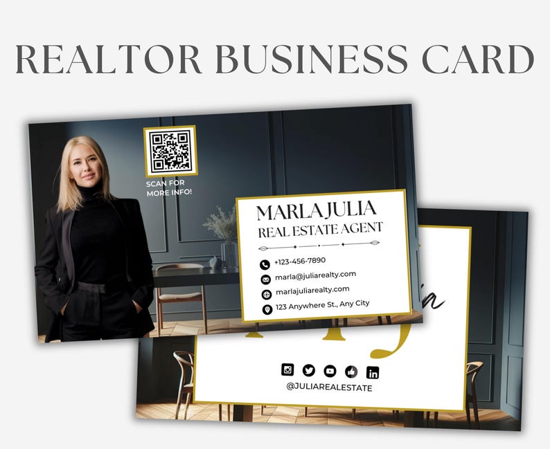 Front view of a modern realtor business card template featuring a sleek and neutral design, perfect for real estate professionals looking to make a lasting impression in their marketing efforts. Editable in Canva for full customization.