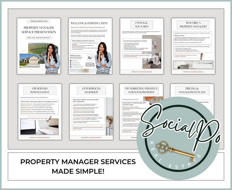 Real estate property manager flyer template designed to market landlord services, rental listings, and management plans for investment properties.