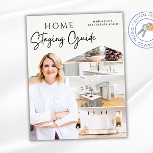 以下が含まれることがあります： 白いシャツを着た女性と、演出された部屋のコラージュが載っている、ホームステージングのデジタルダウンロードガイド。ガイドのタイトルは「ホームステージングガイド」で、