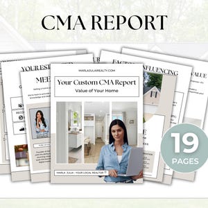 May include: A stack of 19-page CMA reports with the title "CMA REPORT" at the top. The reports feature images of homes and a realtor holding a laptop. The cover reads "Your Custom CMA Report Value of Your Home."