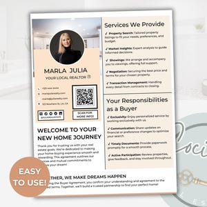 May include: A pink and white business card featuring a woman's photo, the text "Marla Julia, Your Local Realtor", and a QR code. The card details services offered and buyer responsibilities.