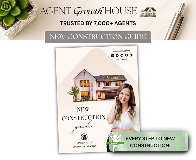 Realtor New Construction Guide, printable and digital new construction buyers guide roadmap for real estate agents, customizable Canva template.