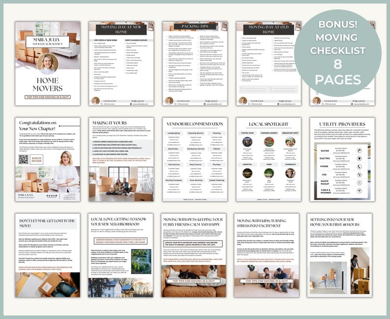 Home Buyer and Seller Moving Guide – 20 Pages of Printable and Editable Canva Templates with Bonus Moving Day Checklist for Realtor Marketing
