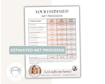 Seller Net Proceeds, Real Estate Seller Estimated Proceeds Template, Seller Net Sheet, Closing Cost, Commission Sheet for Real Estate Agents