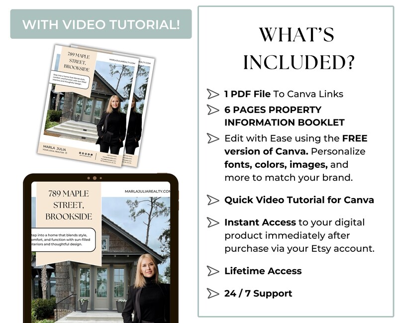 Customizable Canva brochure for real estate agents, property listing booklet, open house template, sale information, property info