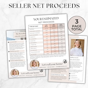 Puede incluir: Un documento de tres páginas con un esquema de color rosa y blanco, que describe los beneficios de utilizar un agente comprador y proporciona una tabla estimada de ingresos netos para los vendedores. El documento incluye una foto de un agente inmobiliario y la información de contacto.