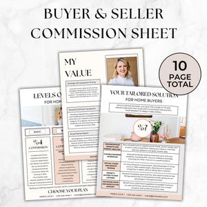 May include: A pink and white brochure titled "Buyer & Seller Commission Sheet". The brochure features a woman's headshot and text about different levels of service and commission rates. The brochure also includes a section titled "Your Tailored Solution for Home Buyers" with a list of services offered.