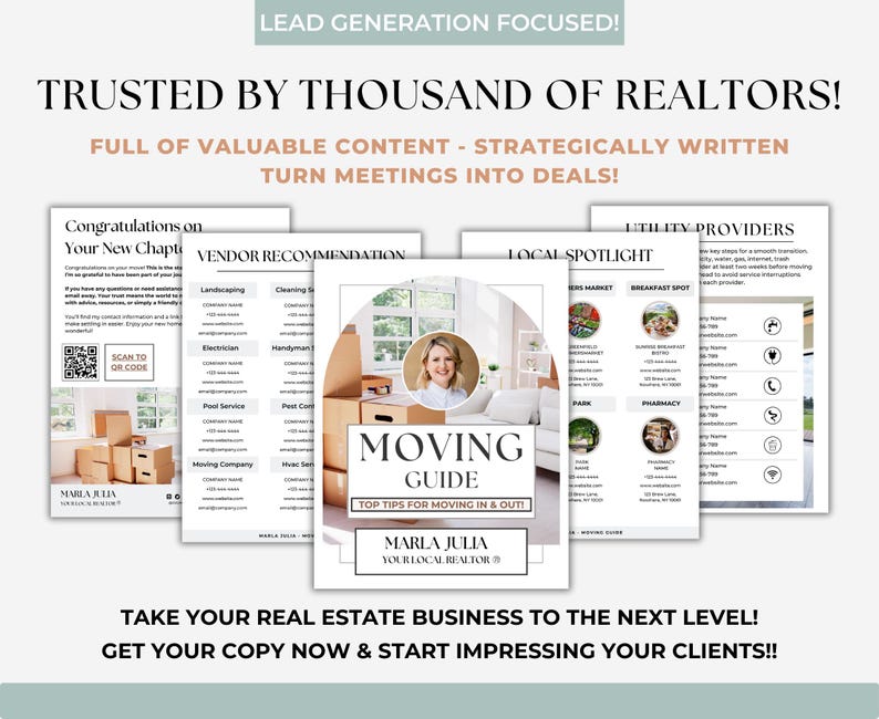 Real Estate Moving Preparation Guide – Fully Editable Canva Template with Moving Checklist, Relocation Tips, and Tools for Buyer and Seller Clients