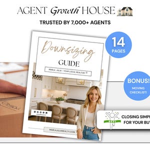 May include: A guide titled "Downsizing Guide" with a photo of a woman in a kitchen. The guide is from Marla Julia, a local realtor. The image also includes a moving checklist bonus and states "Closing Simplified for Your Buyer!"