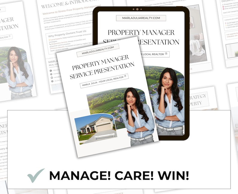 Property manager marketing presentation with customizable sections for rent collection, vendor coordination, maintenance, and owner reports.