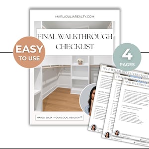Könnte beinhalten: Eine weiße und graue Checkliste mit dem Titel "Final Walkthrough Checklist" mit der Website-Adresse marlajuliarealty.com. Die Checkliste ist mit "Easy to Use" gekennzeichnet und hat ein Foto eines Schranks. Die Checkliste hat 4 Seiten.