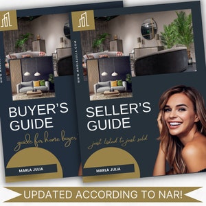 Könnte beinhalten: Zwei Broschüren mit dunkelblauem Hintergrund und goldenen Akzenten. Die linke Broschüre trägt den Titel "Käuferleitfaden" mit dem Slogan "Leitfaden für Hauskäufer". Die rechte Broschüre trägt den Titel "Verkäuferleitfaden" mit dem Slogan "von der Listung bis zum Verkauf". Beide Broschüren tragen den Namen "Marla Julia" und den Text "AKTUALISIERT GEMÄSS NAR!"