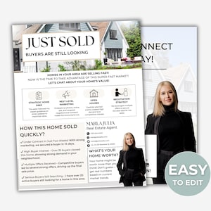 Puede incluir: Un folleto de marketing de un agente inmobiliario con una foto de una casa y el texto "Vendido" en letras grandes y negritas. El folleto también incluye información sobre los servicios del agente y una llamada a la acción para conectar con el agente.