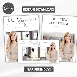 May include: A digital download of a pre-listing packet and questionnaire for real estate agents. The packet includes a pre-listing checklist and a questionnaire to help sellers prepare their home for sale. The text on the document says "Pre-listing Packet" and "Pre-listing Questionnaire".