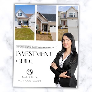 May include: A white and black brochure with the title "Investment Guide" and the text "Your Essential Guide to Smart Investing". The brochure features three images of houses and a woman with her arms crossed.