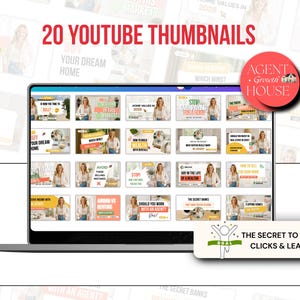 May include: A laptop screen displaying 20 YouTube thumbnails with text like "Home Values in 2028" and "Your Dream Home." The thumbnails feature a woman and various real estate-related topics. The image includes the text "20 YOUTUBE THUMBNAILS."