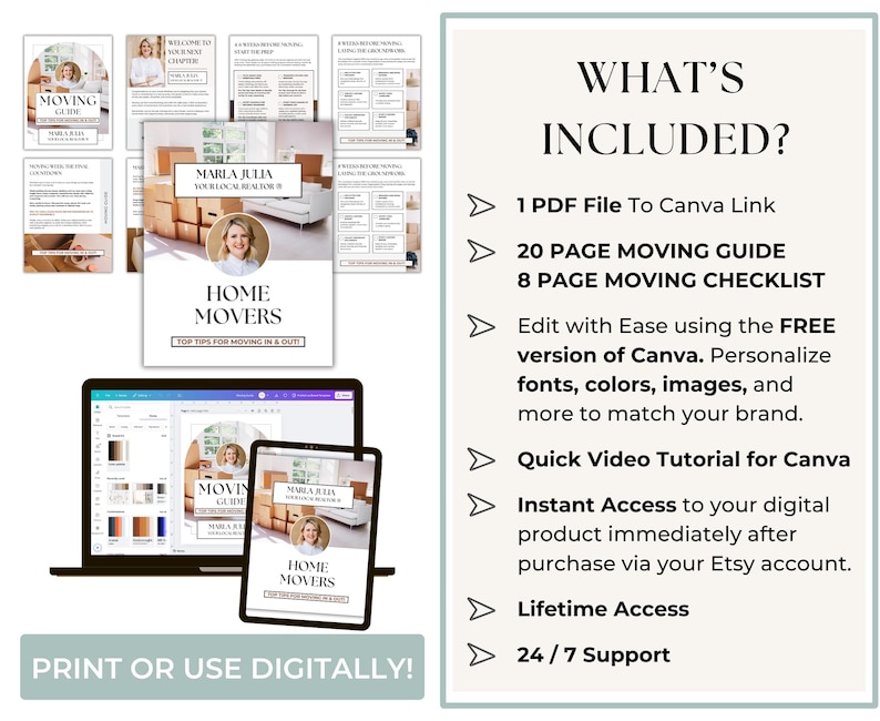 Real Estate Agent Moving Template – Fully Editable Canva Guide and Checklist to Assist Buyers and Sellers with Relocation and Moving Preparation