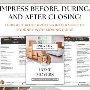 Realtor Marketing Moving Guide – Includes Home Buyer and Seller Relocation Tips, Printable Moving Day Checklist, and Canva Editable Template for Agents