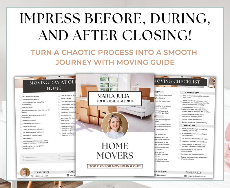 Realtor Marketing Moving Guide – Includes Home Buyer and Seller Relocation Tips, Printable Moving Day Checklist, and Canva Editable Template for Agents