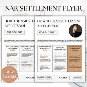Könnte beinhalten: Ein Flyer, der erklärt, wie sich die NAR-Vereinbarung auf Hausverkäufer und -käufer auswirkt. Der Flyer ist in zwei Abschnitte unterteilt, einen für Verkäufer und einen für Käufer. Jeder Abschnitt erklärt die Änderungen an den NAR-Vereinbarungsbestimmungen und wie sie sich auf den Hauskauf- und -verkaufsprozess auswirken. Der Flyer enthält auch ein Foto eines Immobilienmaklers.