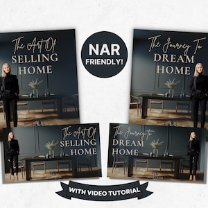 May include: Four digital marketing guides for real estate agents. The guides are titled "The Art of Selling Home" and "The Journey to Dream Home". The guides feature a woman in a black suit standing in a modern living room. The guides include a video tutorial.