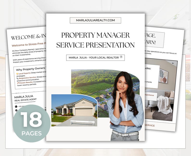 Property Manager Service Presentation Template for Realtors showcasing rental management, lease coordination, and landlord services in a clean Canva layout.