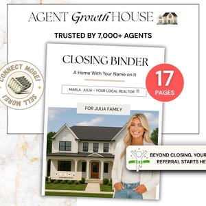 以下が含まれることがあります： Agent Growth Houseのプロモーション画像。テキスト「Closing Binder: A Home With Your Name on It」のクロージングバインダーが特徴です。画像には家の写真と不動産業者が含まれています。「Trusted by 7,000+ Agents」のテキストも表示されています。