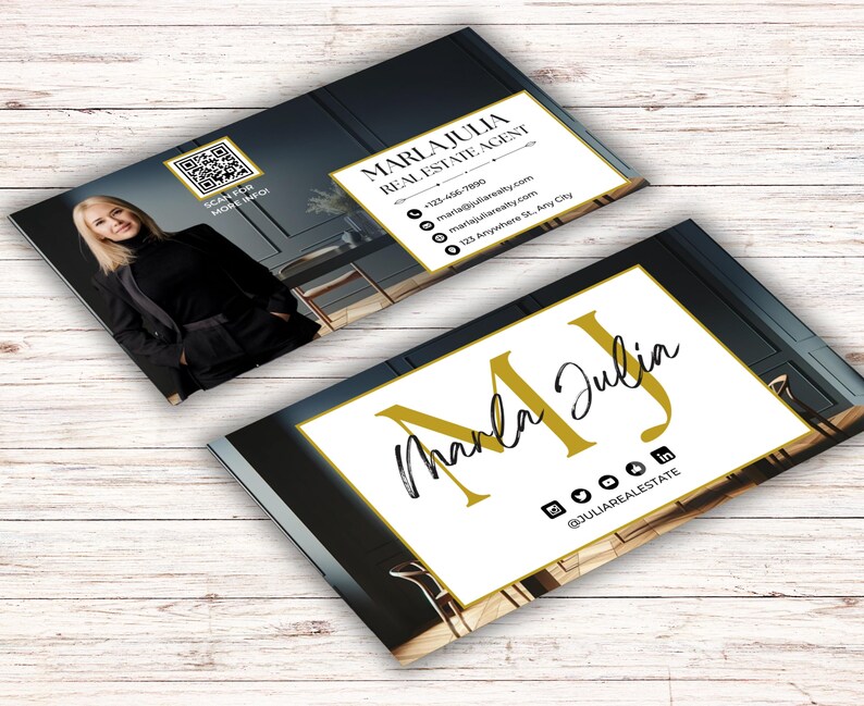 High-resolution business card design for real estate agents, featuring a professional aesthetic with editable elements, suitable for luxury real estate professionals seeking a standout marketing material.
