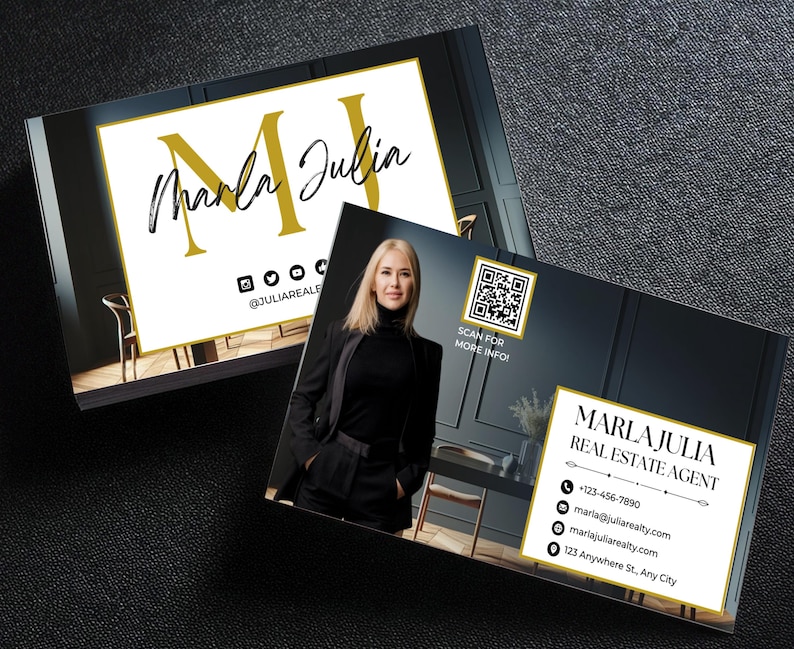Back view of a luxury real estate business card template with a clean layout, including space for contact details, social media handles, and a logo, tailored for agents aiming for a professional and polished look.