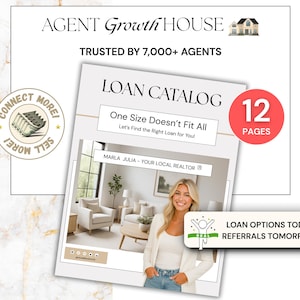 Peut inclure: Image promotionnelle pour Agent Growth House, présentant un catalogue intitulé "Loan Catalog". La couverture du catalogue affiche une photo d'un agent immobilier et le texte "One Size Doesn't Fit All". Le texte supplémentaire comprend "Trusted by 7,000+ Agents" et "12 Pages."